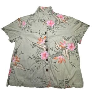 Island Traders Womens Large Sage Green Floral Rayon Button Down Shirt Tropical